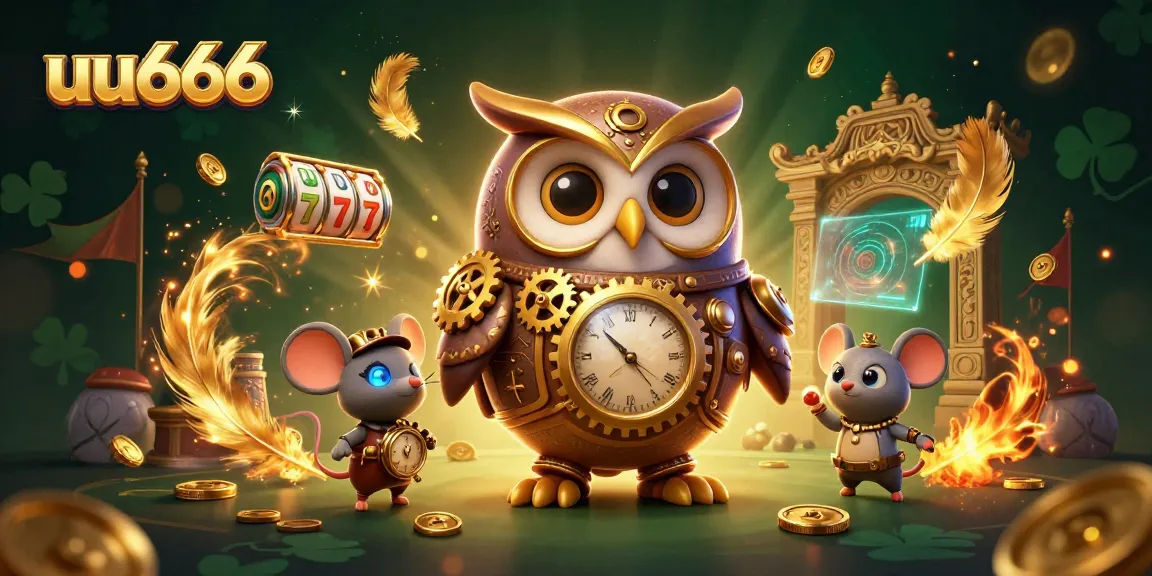 Experience thrilling gaming action at uu666 with steampunk owl and immersive slot elements in a vibrant casino scene.