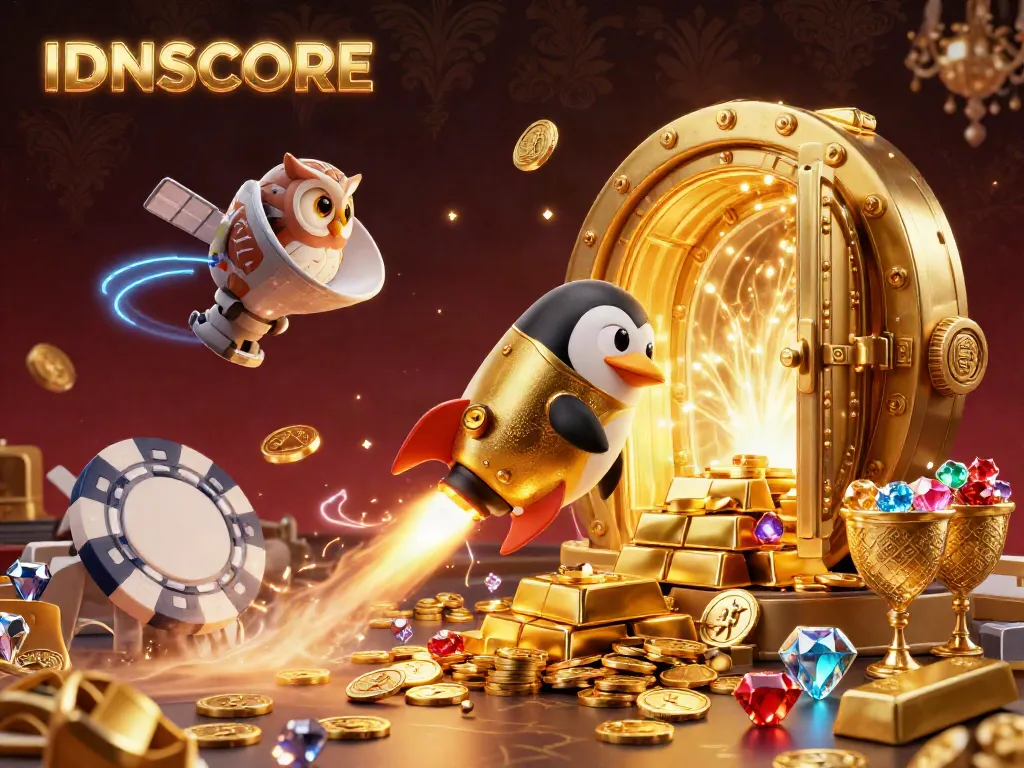 Experience IDNSCORE’s thrilling gaming journey with a rocket penguin and vibrant casino treasures.
