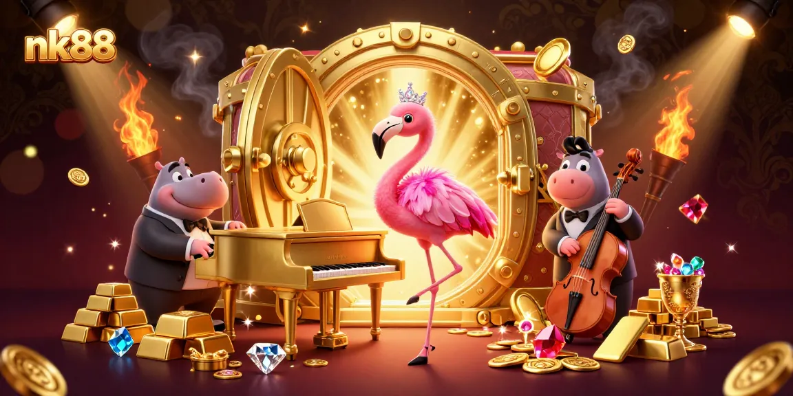 Experience nk88's vibrant casino environment with a lively flamingo singer and hippo bassist.