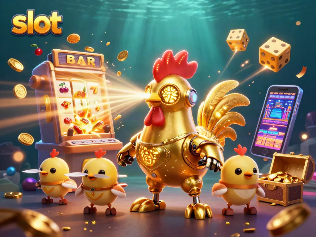 Memutar slot dengan ilustrasi robot ayam emas futuristik dan drone samurai kecil, suasana kasino yang cerah.