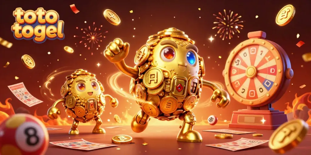 Experience the excitement of toto togel with a dynamic illustration of a golden golem surrounded by lottery elements.