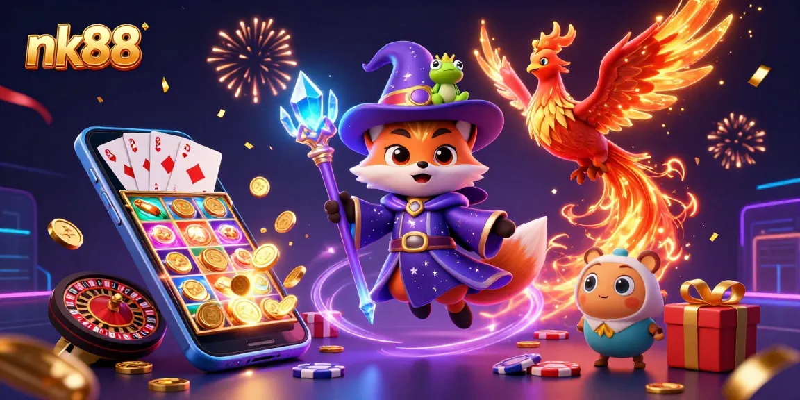 Experience thrilling gaming at nk88 with a whimsical 3D casino scene full of magical elements.