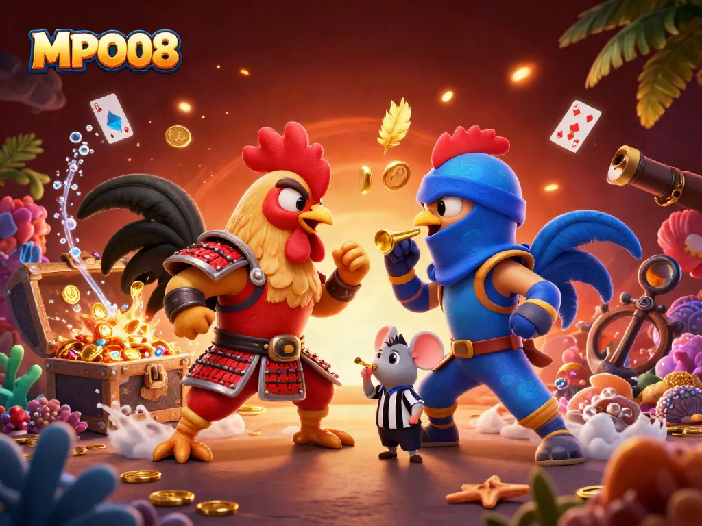 MPO08 showcases a dramatic rooster standoff, symbolizing fierce competition in online gambling.