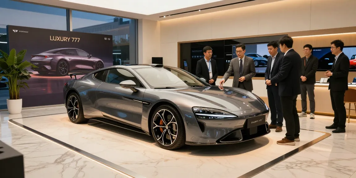 Pengunjung menikmati pengalaman mobil mewah LUXURY 777 di showroom modern.