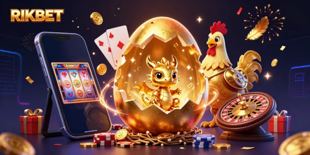 Experience thrilling casino adventures with RIKBET's vibrant 3D golden dragon and gaming symbols.