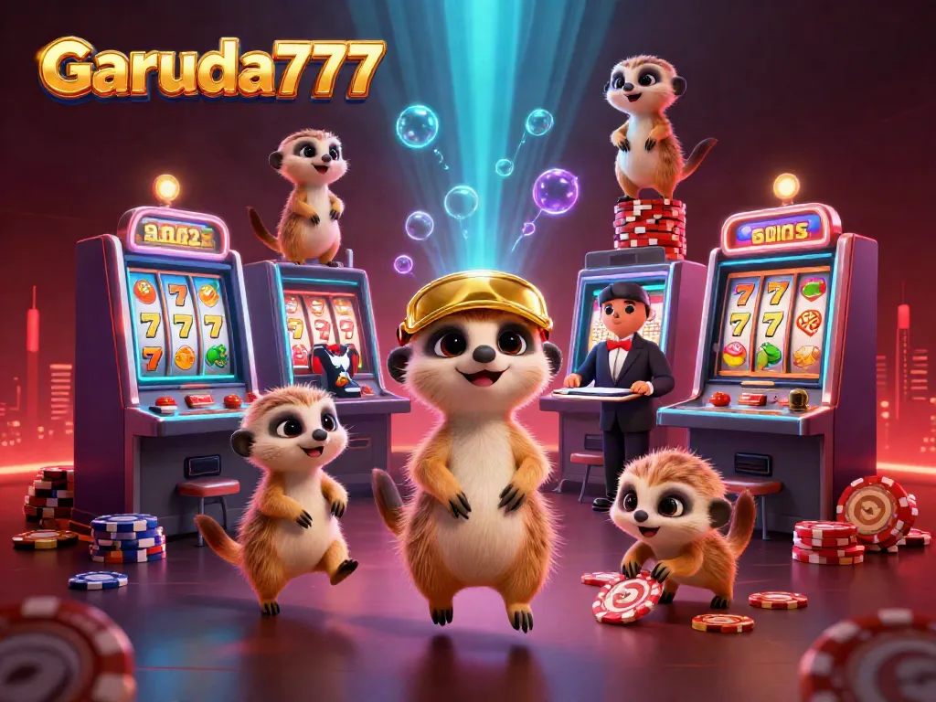Gambaran menarik Garuda777 dengan koloni meerkat yang dinamis menjalankan operasi kasino online dengan slot dan jackpot.