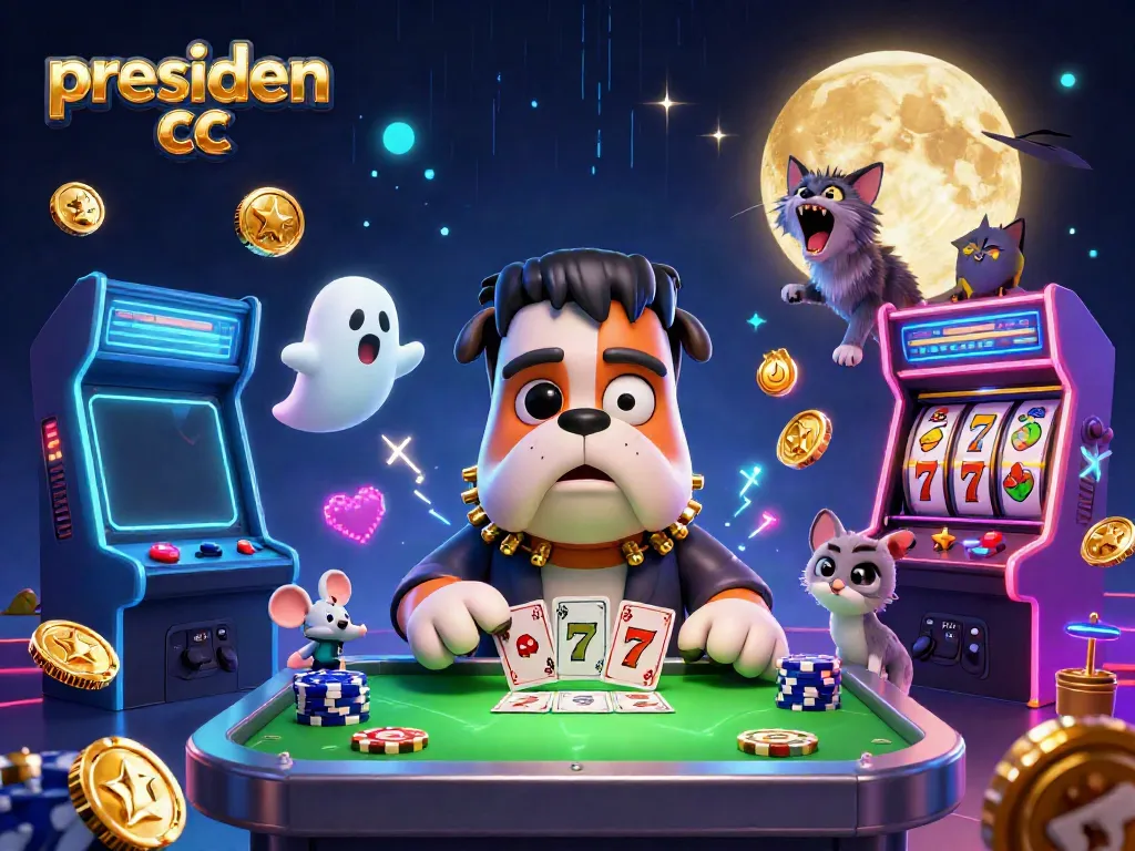 Engage in thrilling gameplay with presiden cc, featuring a playful Frankenstein bulldog dealer.