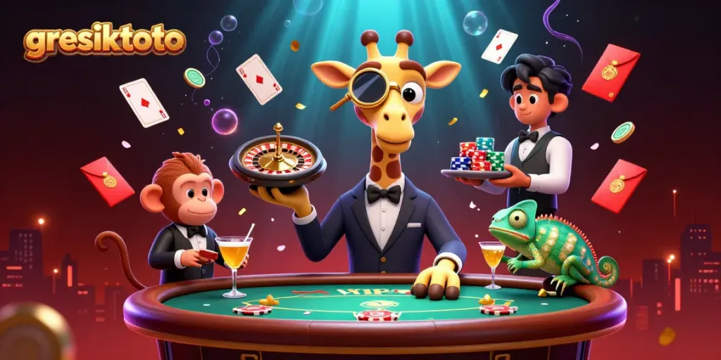 Experience the excitement of gresiktoto with a high-roller giraffe at a poker table in a vibrant casino setting.