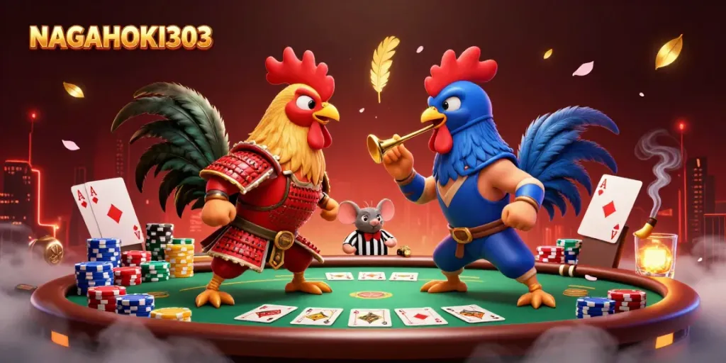 NAGAHOKI303 unveils thrilling 3D cartoon roosters battle as they play poker with dynamic elements.