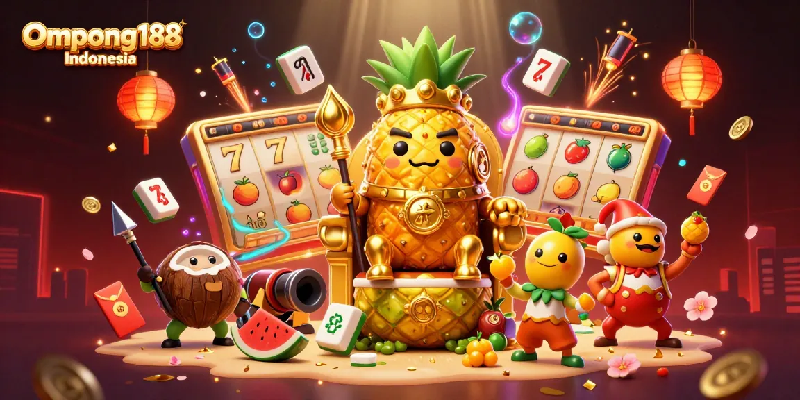 Ompong188 Indonesia menampilkan kasino dengan pemain slot, penguasa, dan penjaga buah yang memikat.