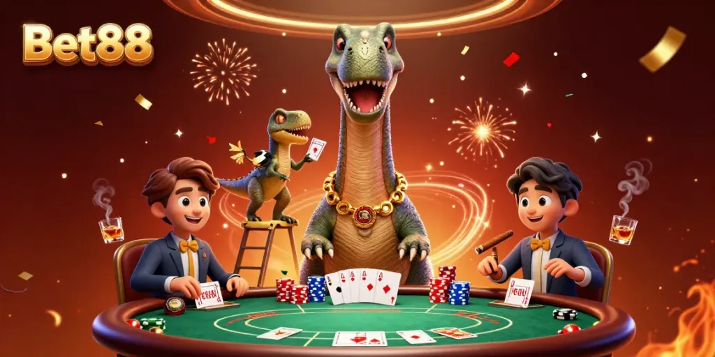 Experience the thrill of Bet88 with immersive 3D casino vibes featuring a giant brontosaurus and raptor dealer.