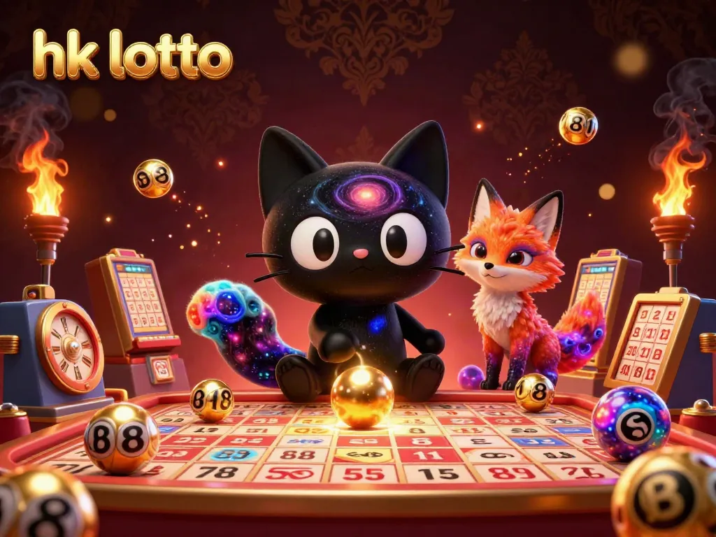 Mengundi hk lotto dengan karakter kucing hitam berputar di meja judi yang penuh bola lotere.