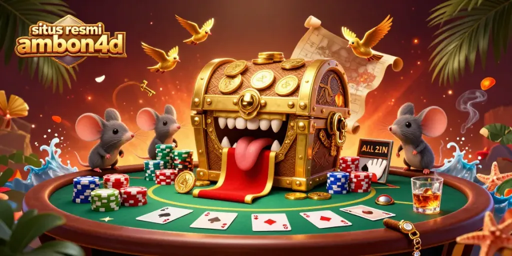 Engage with the vibrant action at situs resmi ambon4d featuring a treasure chest lure amidst a vibrant casino scene.