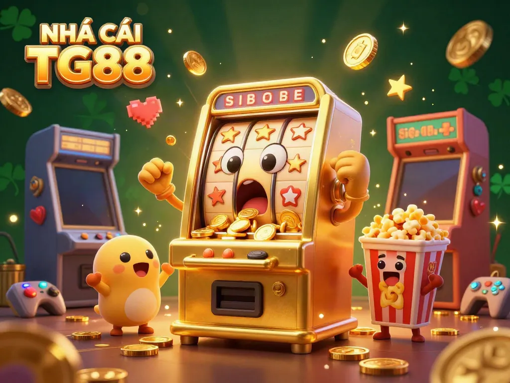 Experience the excitement of NHÀ CÁI TG88 with a golden slot machine celebrating a jackpot in a vibrant casino scene.