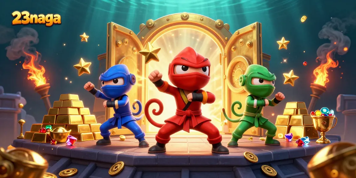 Engaging 23naga illustration featuring ninja chameleon characters and dynamic casino treasures.