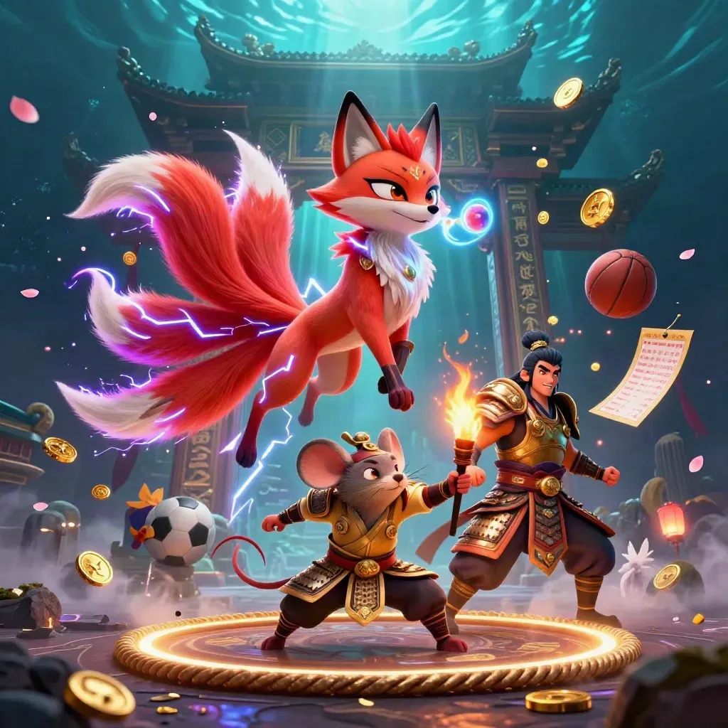 Rubah roh berkepala sembilan dan tikus samurai emas di gerbang kuil, efek neon horor mewah.