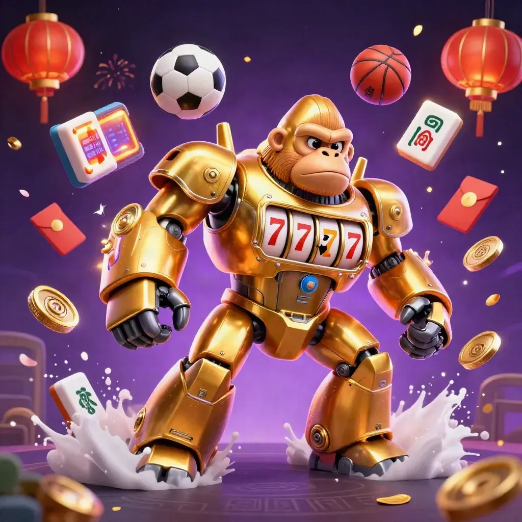 Gorila mecha emas kasino horor, bola sepak dan basket melayang, pilot monyet kecil, neon mewah.