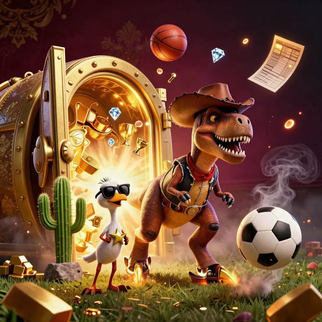Dinosaurus koboi, kaktus, dan roadrunner di ledakan bola sepak bernuansa kasino horor emas-merah.