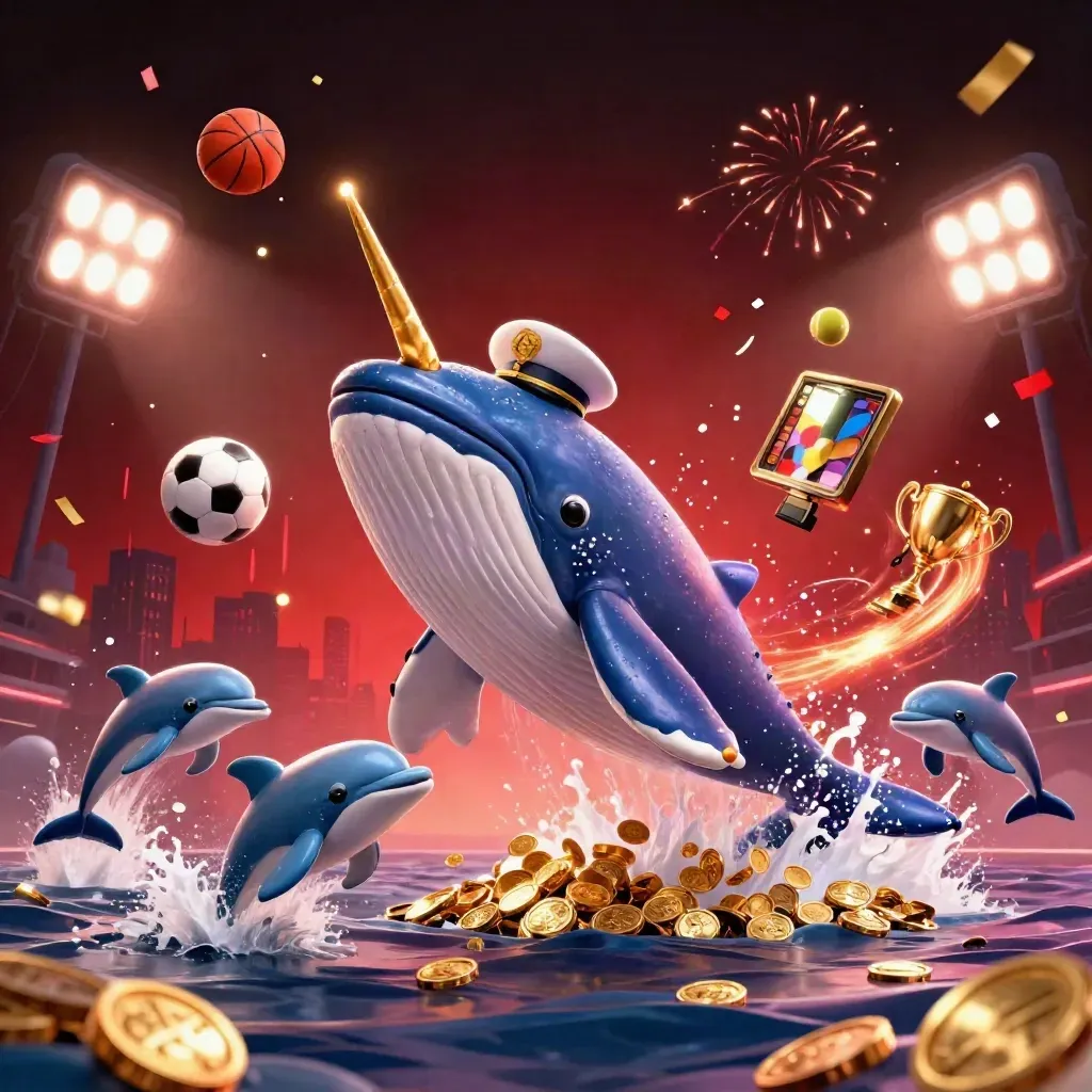 Paus kartun hiu kapten, narwhal, dan lumba-lumba di laut koin neon emas-merah.