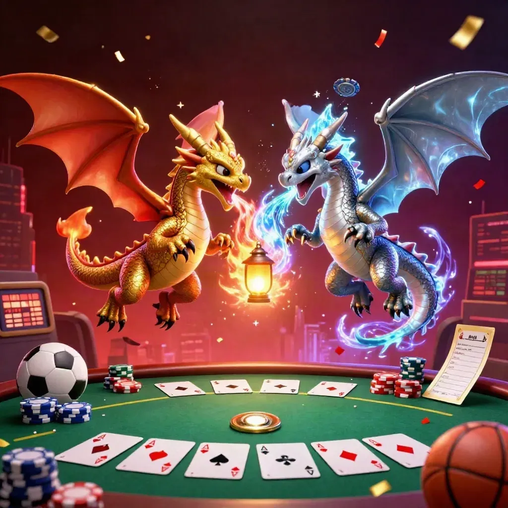 Dua naga emas dan perak berkelindan, dikelilingi kartu, chip, bola, dan cahaya horor mewah