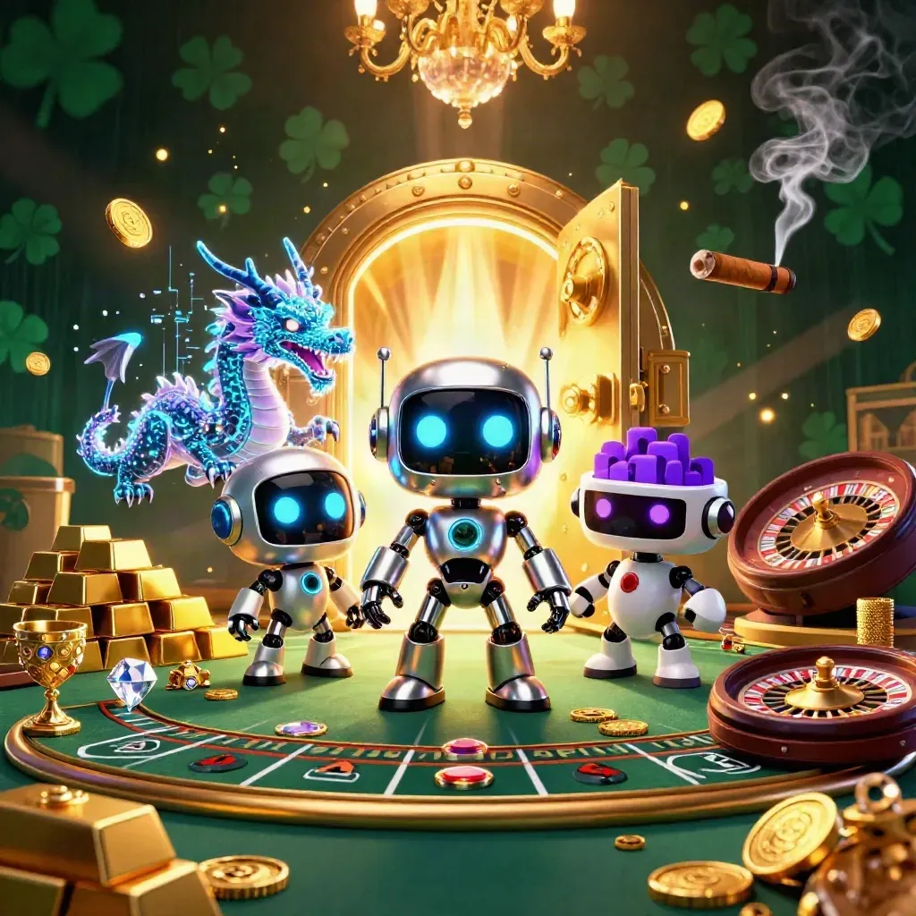 Robot cyberpunk, naga hologram, dan drone di kasino horor emas-emerald yang mewah.