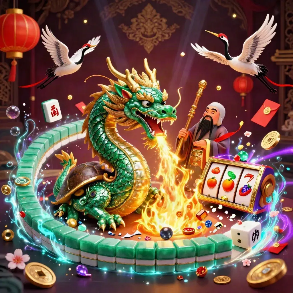 Naga jade hijau, kura bijak, dan dua bangau di tengah ledakan emas horor neon.