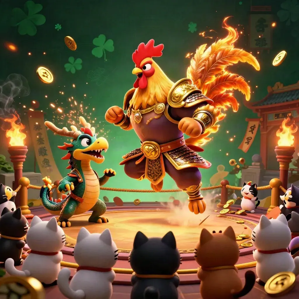Ayam samurai, bayi naga, dan kucing keberuntungan di arena api emas yang mencekam.