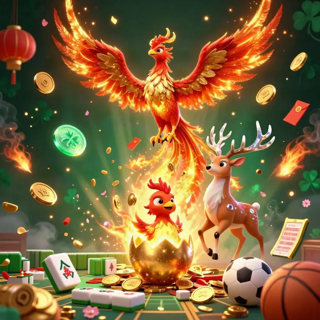 Burung phoenix api, rusa mistis, dan objek kasino meledak meriah di latar hijau gelap.