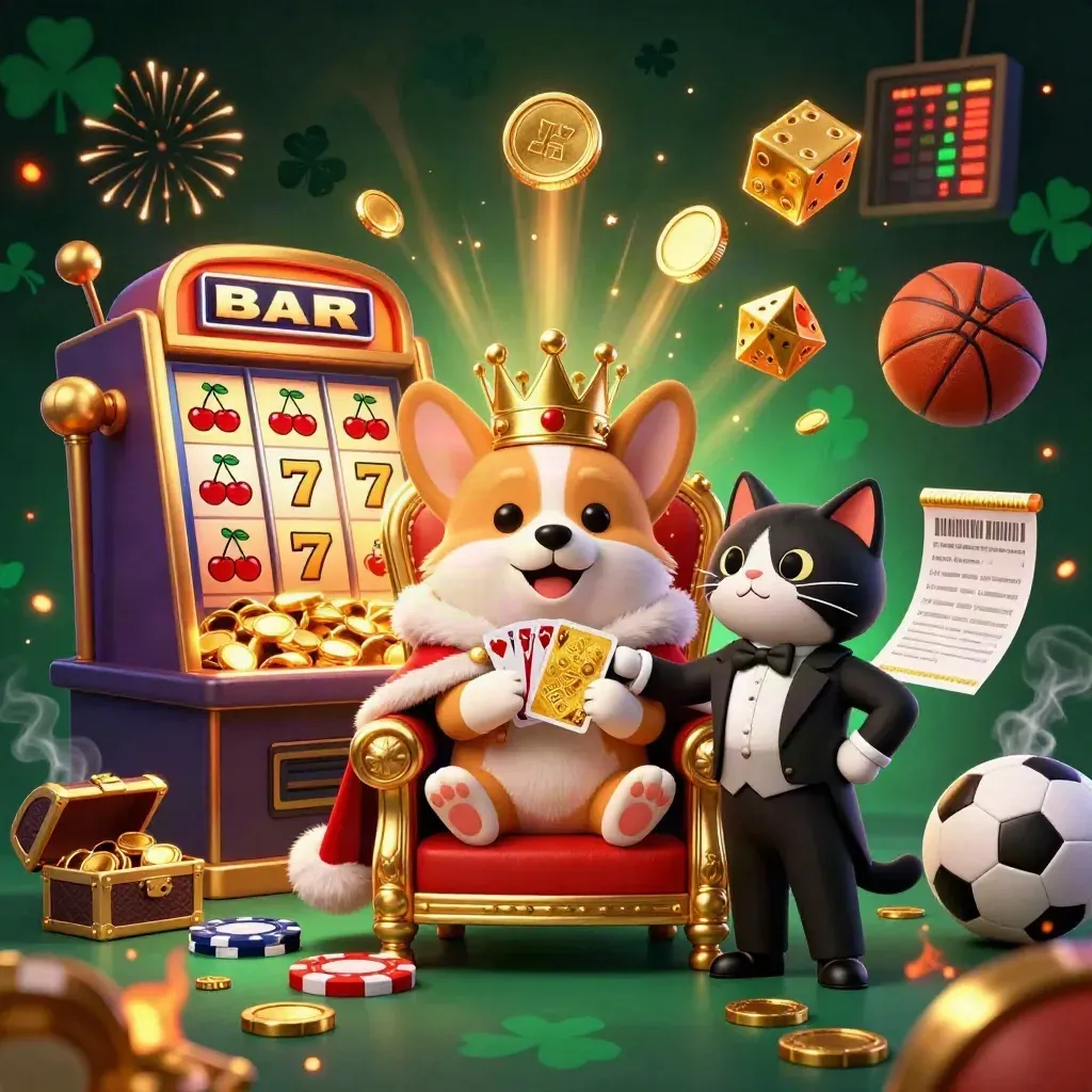Korgi raja dan pelayan kucing di tengah ledakan slot, koin emas, api neon, dan harta.