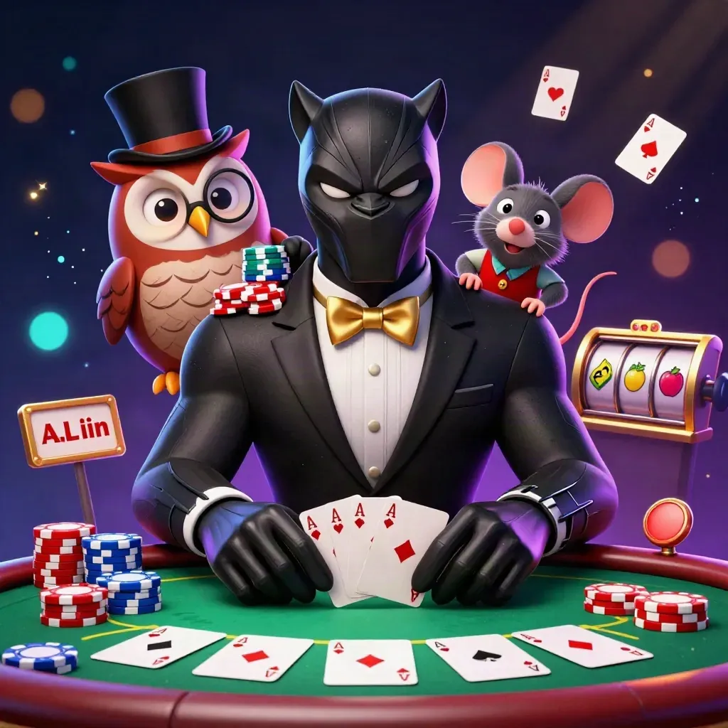 Panther tuxedo, burung hantu, dan tikus di meja poker neon horor.