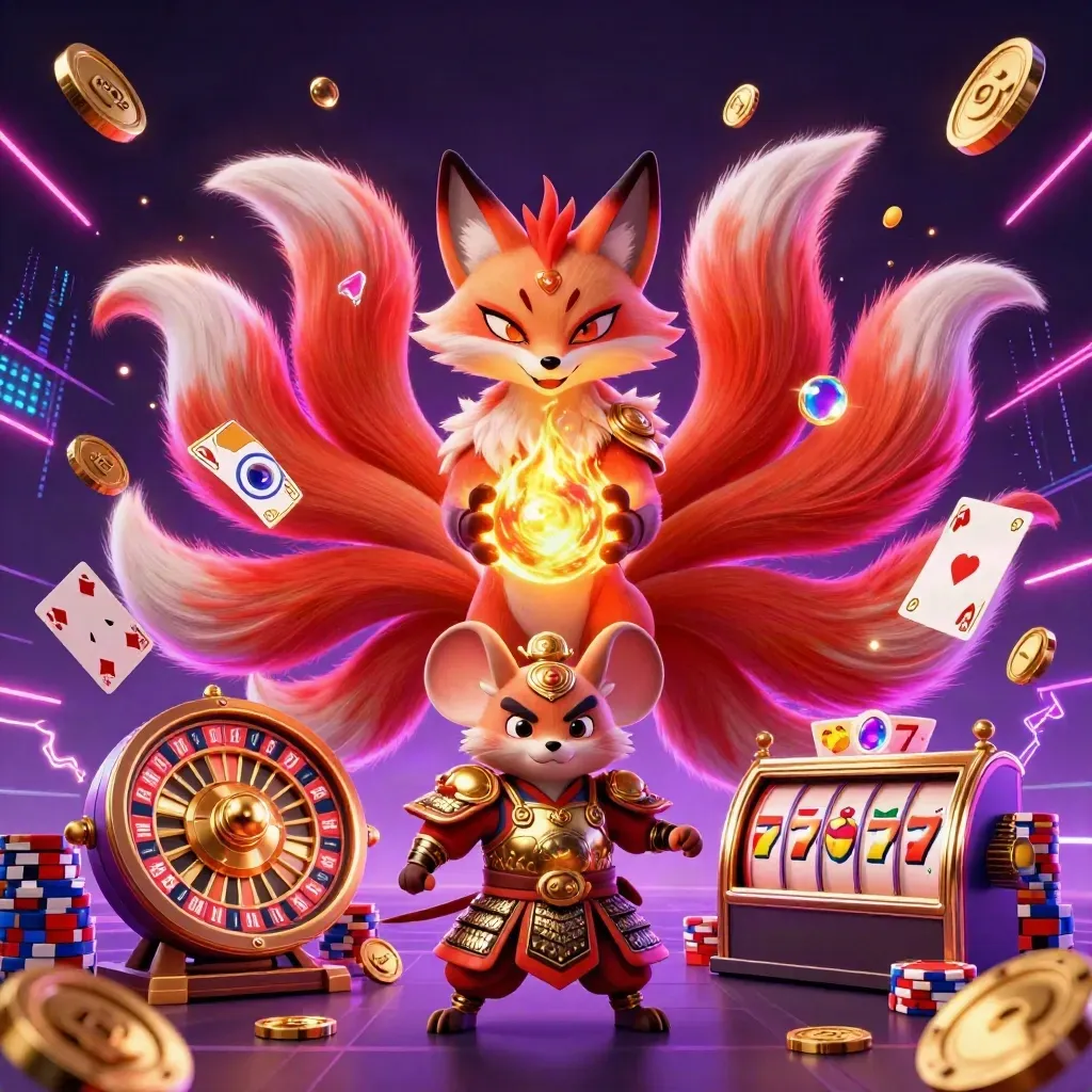 Rubah berekor sembilan neon dengan tikus samurai emas, dikelilingi koin, dadu, dan roda roulette