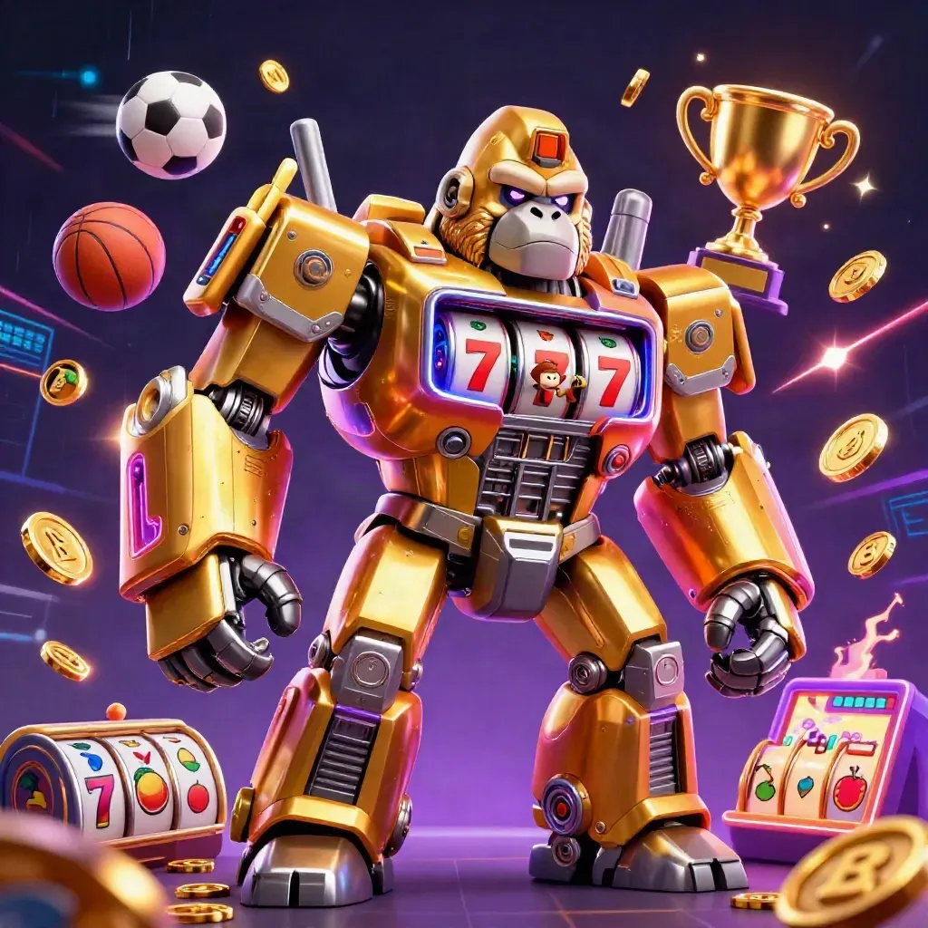 Gorila mech emas bertema kasino dengan monyet kecil, bola olahraga, koin, dan efek neon horor.