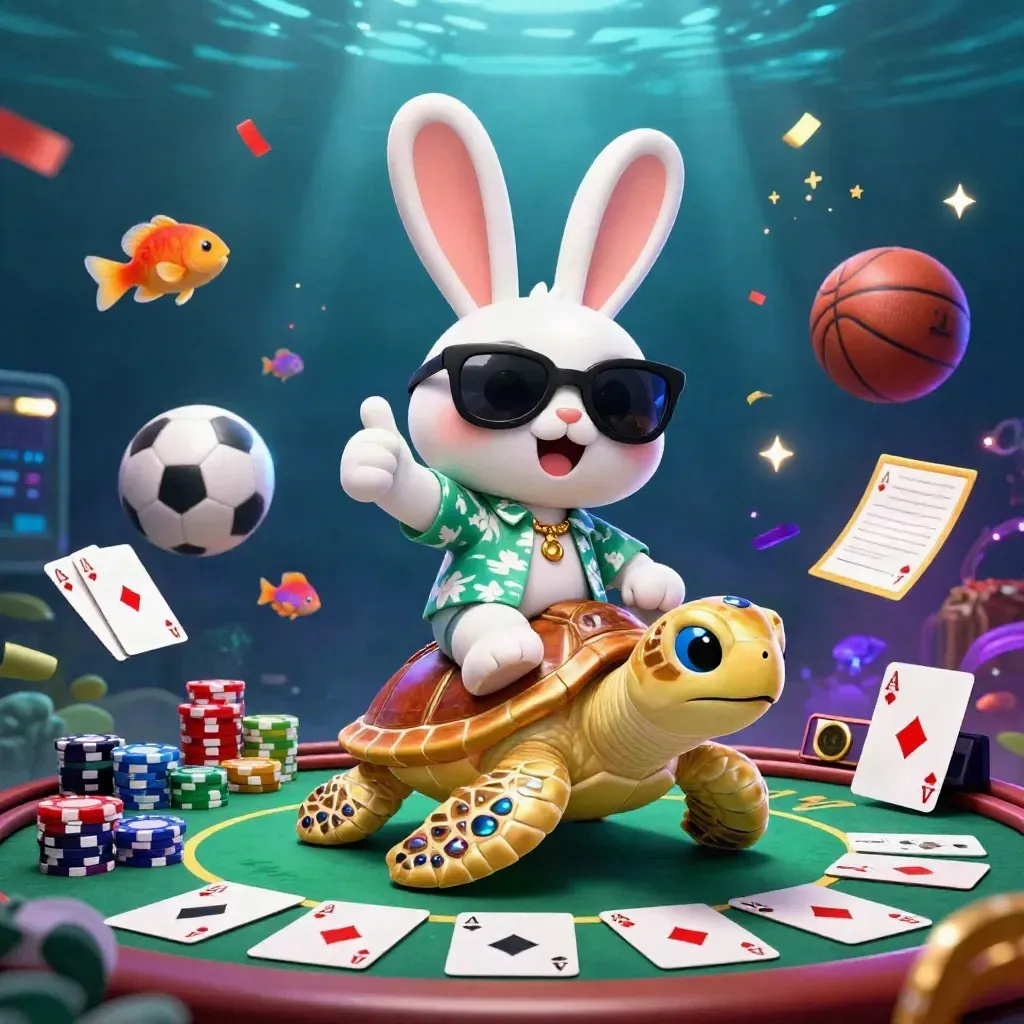 Kelinci kartun lucu menunggang kura-kura emas di bawah laut, dikelilingi chip, kartu, dan efek neon.
