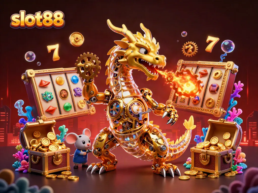 Engage with slot88 in a vibrant, immersive 3D casino illustration featuring a golden dragon and slot reels.