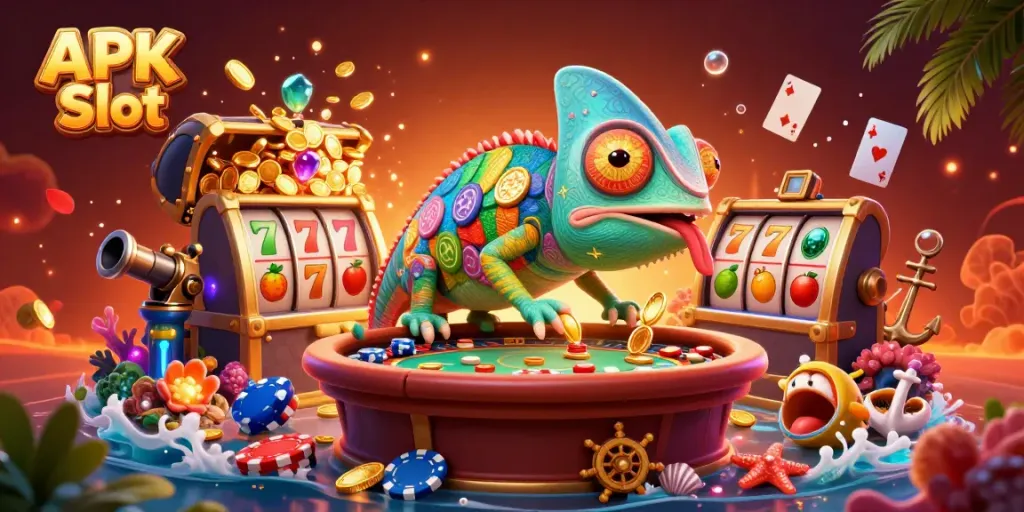 Experience the thrill of APK Slot with colorful 3D illustrations of casino elements.