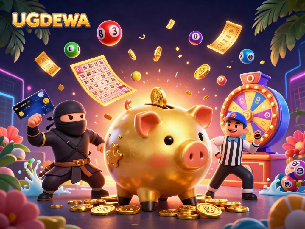 Engage with the dynamic gaming action at UGDEWA, featuring a lively scene with a golden piggy bank and vibrant lottery elements.