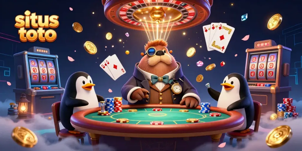 Situs toto table scene with a walrus, penguin, and pufferfish playing cards in a playful underwater casino.