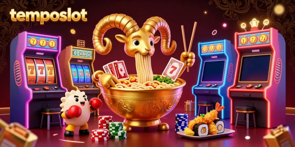 Engage with temposlot's vibrant casino scene showcasing a golden ramen bowl, cards, and colorful arcade machines.