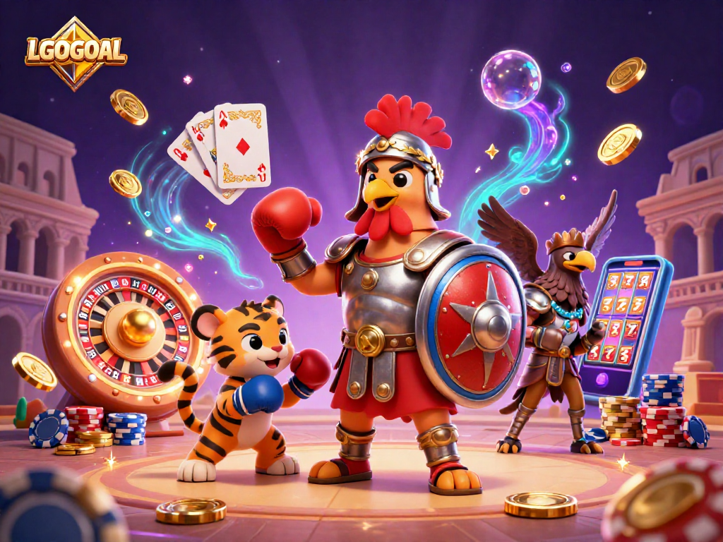 Experience the thrill with LGOGOAL's vibrant gaming scene showcasing dynamic characters and casino elements.