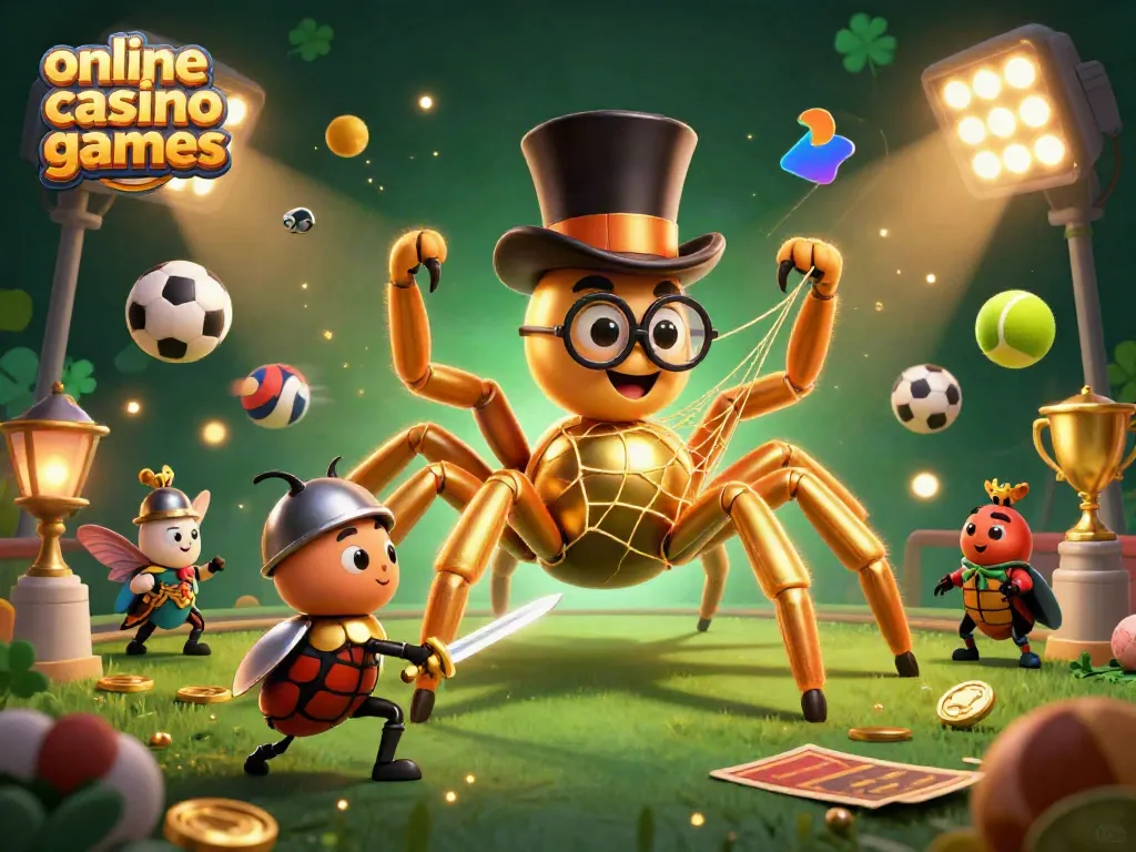 Engaging scene featuring a cartoon tarantula and a beetle knight amidst dynamic online casino games.