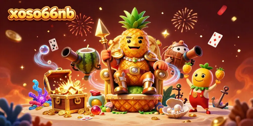 Experience a vibrant online casino scene with xoso66nb featuring a golden pineapple king and colorful elements.