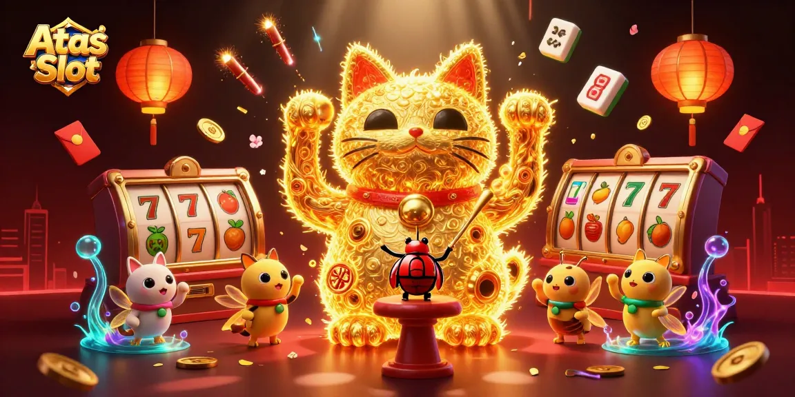 Spin the reels with Atas Slot's captivating 3D illustration featuring a lucky cat and vibrant casino symbols.