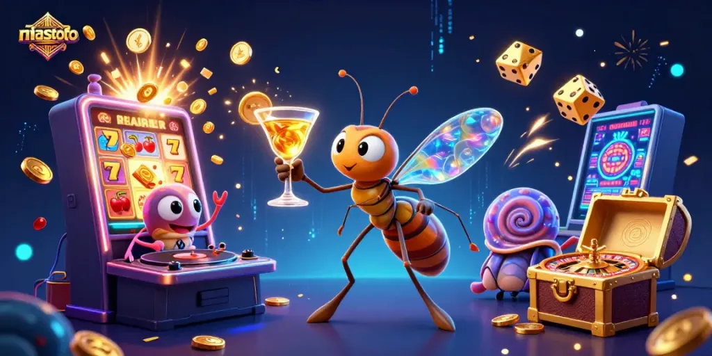 Experience thrilling wins at niastoto with a vibrant 3D casino illustration of unique characters and games.