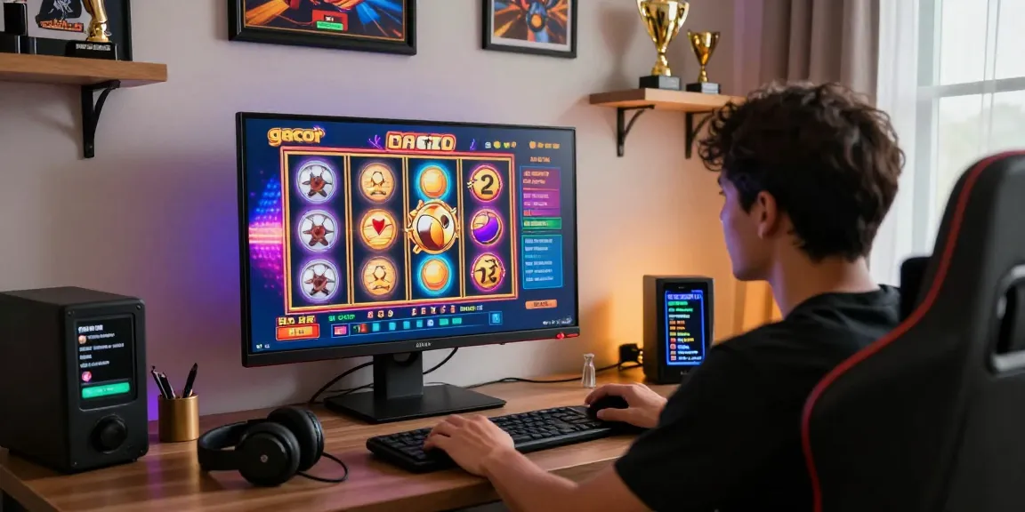 Online player engaged with slot gacor games in a vibrant gaming setup, showcasing excitement and community.