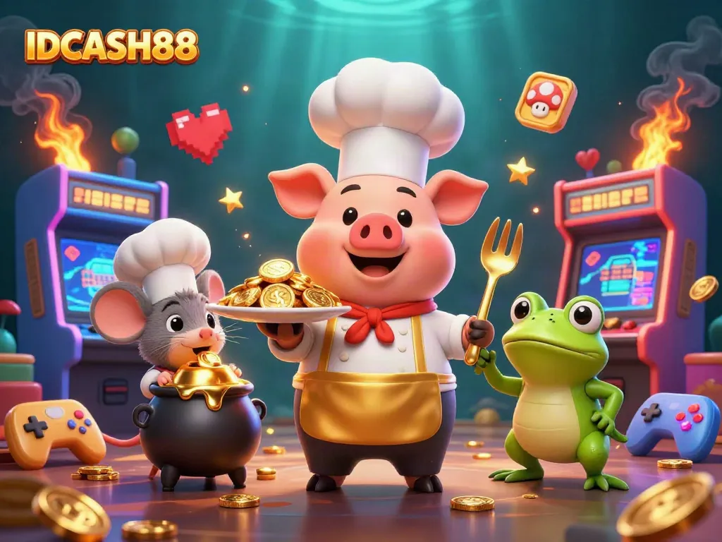 Experience thrilling gameplay with IDCASH88 as our chef pig serves golden coins in a vibrant casino scene.