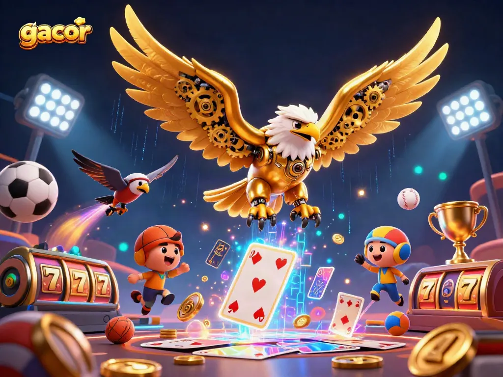 Experience dynamic gameplay with the slot gacor theme, featuring a cybernetic eagle amidst flying slot reels and sports imagery.