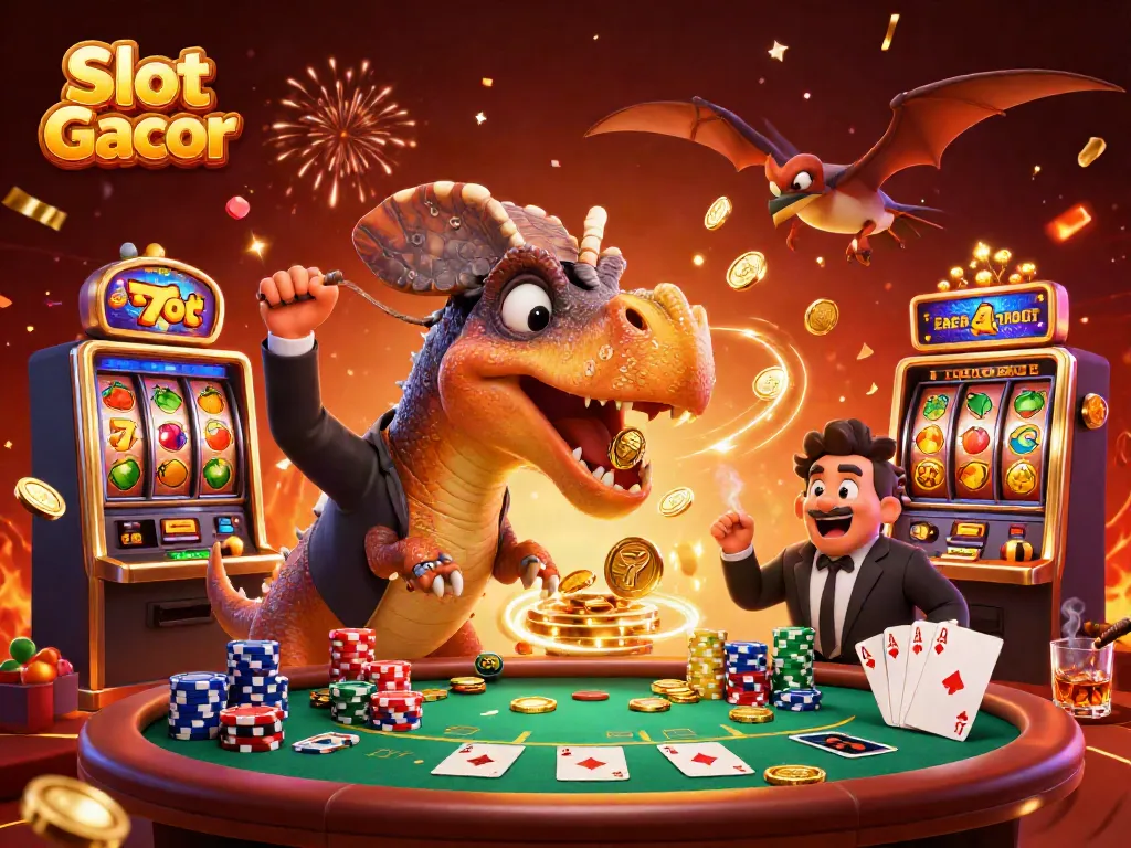 Slot Gacor celebration with a dinosaur winning jackpots at a vibrant casino.