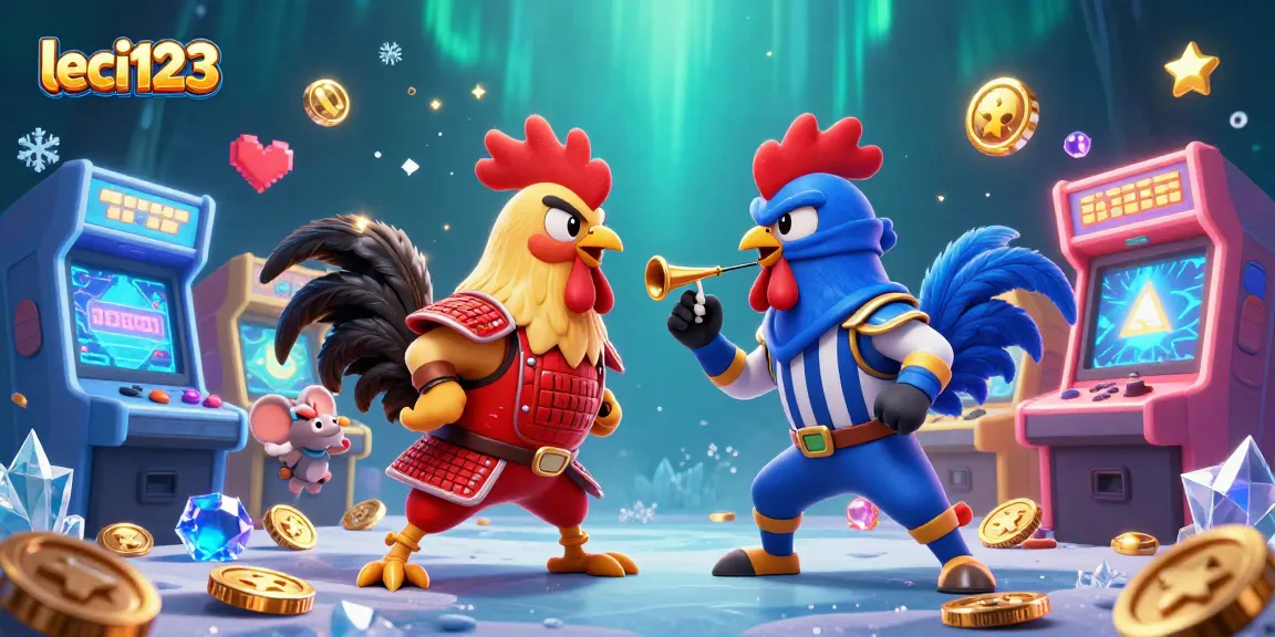 Engage in the action-packed leci123 game with fighting roosters and vibrant casino elements.