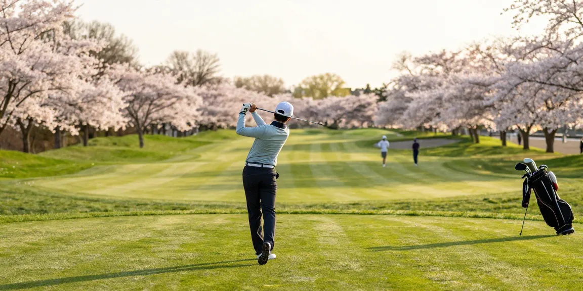 Pemain golf beraksi di lapangan golf Kato City, menikmati pengalaman bro178 di bawah pohon sakura berbunga.