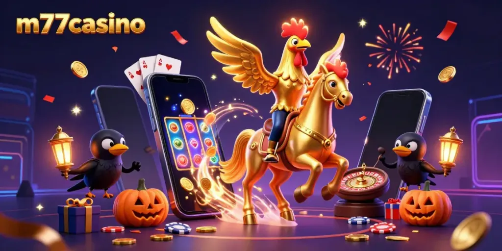 m77casino menampilkan ilustrasi kasino malam yang meriah dengan karakter kartun 3D yang dinamis.